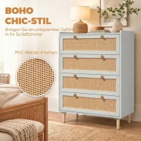 HOMCOM commode met 4 lades, boho ladekast met rattanlook fronten en grenenhouten poten, saliegroen(m-4)