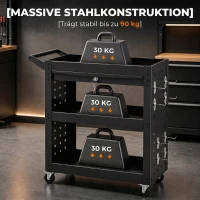 HOMCOM Gereedschapswagen met afsluitbare wielen, rollende werkplaatswagen met 3 niveaus, lade en perforatieplaten, Zwart(m-4)