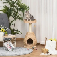PawHut kattenboom krabpaal met kattengrot sisal hoogte 82,5 cm zacht pluche geel(m-2)