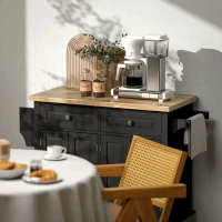 HOMCOM Ilha de Cozinha com Rodas 2 Gavetas 4 Portas Suporte para Temperos e Barra Lateral 111x44,5x82,5 cm Preto e Madeira(m-9)