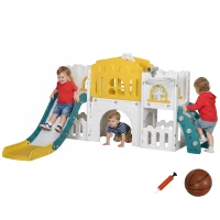 AIYAPLAY Peuterglijbaan, 7-in-1 Speeltoestel, met Basketbal & Stuurwiel, voor 1-3 Jaar, 178x177x99cm, Geel/Wit/Groen(m-10)