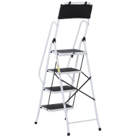 HOMCOM Escabeau pliable 4 marches XL antidérapantes double garde corps hauteur max. 1,55 m charge max. 150 Kg pochette outils intégrée acier blanc noir(m-5)