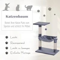 PawHut Kattenboom 3 verdiepingen krabpaal kattenbed met hangmat sisal paal pluche grijs(m-4)