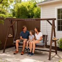Outsunny 3 Seater Garden Swing Seat, Wooden Swing Chair Bench with Cushion, Side Trays and Metal Chains, for Outdoor Porch Patio, Carbonised Brown(m-10)