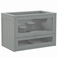 PawHut Gaiola de Madeira para Hamsters Gaiola para Roedores Gaiola para Pequenos Animais com 2 Níveis 60x35x42 cm Cinza(m-1)