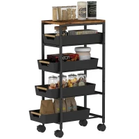 HOMCOM Cărucior de bucătărie cu 5 niveluri și 4 coșuri detașabile, din metal, PP și PAL, 39,5x24x82 cm, negru/stejar(m-9)