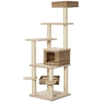 krabpaal met kattengrot rotan kattenboom met meerdere verdiepingen voor katten beige + bruin(m-10)