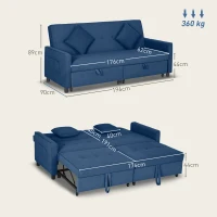 HOMCOM Three-Person Velvet-Feel Sofa Bed - Blue(m-3)