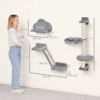 PawHut Juego de Pared de Escalada para Gatos de 3 Piezas con Hamaca Rampa con Rascador Plataforma en Forma de Nube Gris(m-3)