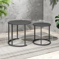 Outsunny 2-delige Stapelbare Bijzettafelset Ronde Buitentafel Waterbestendig Balkontafel van Staal Ruimtebesparend Donkergrijs(m-3)