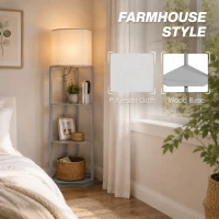 HOMCOM Corner Floor Lamp with Shelves, Tall Standing Lamps for Living Room, with Pull Chain Switch Bulb not Included, Grey(m-5)