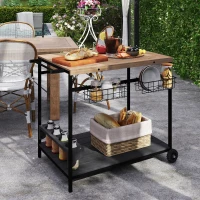 Outsunny Serveerwagen, Keukentrolley, 2 niveaus, 4 flessenhouders, Binnen/Buiten, Natuur/Zwart(m-8)