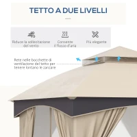 Outsunny Gazebo da Giardino 3x3m in Acciaio con Doppio Tettuccio e Tende, Beige e Grigio(m-4)