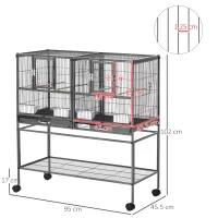 PawHut Doppia Gabbia per Uccelli in Metallo di Alta Qualità con Vassoi Estraibili, Supporto Stabile con 4 Ruote e Ripiano, 95x45.5x102cm, Nero Grigio(m-3)