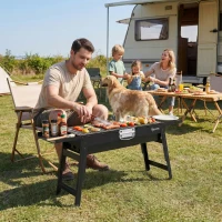 Outsunny Portable BBQ Grill, Foldable Charcoal Grill for Camping and Picnics with 2 Side Shelves and Handle, Black(m-10)