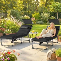 Outsunny Folding Sun Loungers Set of 2 with Canopy, Reclining Sunbed with Cushion, Side Pocket, Carrying Handle, Black(m-10)