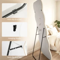 HOMCOM Full Length Mirror, 160 x 60 cm Wavy Full Body Wall Standing Mirror with Velvet Frame and LED Light Strip, Cream White(m-8)