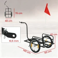 SPORTNOW Reboque para Bicicleta de Carga 40 kg Carrinho de Mão de Aço com Bandeira Vermelha Rodas de 16 Polegadas 145x60x42 cm Preto(m-3)