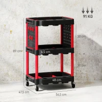 HOMCOM Gereedschapswagen, Drie Niveaus, 4 Wielen, Kunststof, 10 Haken, Zwart+Rood(m-3)