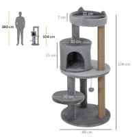PawHut krabpaal kattengrot kattenhuis 4 verdiepingen met speelballen zitstok, sisalzuil en krabplank, groot, stevig, luxe, sisal pluche grijs 48 x 48 x 104 cm(m-3)