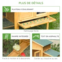 PawHut Poulailler en bois avec porte grillagée, plateau amovible, nichoir, rampe pour 2 à 4 poules 168 x 75 x 103 cm(m-7)