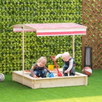 Outsunny Caixa de Areia Infantil de Madeira com Teto Inclinável Ajustável em Altura e 2 Bandejas Auxiliares Caixa de Areia de Jardim para Crianças acima de 3 Anos 118x118x118cm Natural e Vermelho(m-10)