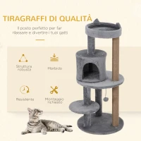 PawHut Albero Tiragraffi per Gatti a 3 Livelli con Trespoli, Casetta e Pallina Appesa, Albero per Gatti in Legno, Sisal e Peluche, 48x48x104 cm, Grigio(m-4)