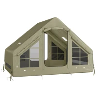 Outsunny Inflatable Camping Tent with Pump and Stove Jack Hole, Luxury Inflatable Tent with Mesh Windows, Doors, Olive Green(m-1)