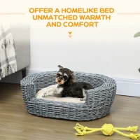 PawHut Wicker Pet Bed Willow Dog Cat Sofa Puppy Basket with Cushion Grey 57L x 46W x 17.5H cm(m-7)