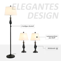 HOMCOM 3er-Set Stehlampen-Set inkl. 2 Tischleuchten, 1 Stehleuchte, Tischlampen-Set mit E27 Fassung, Lampenschirm aus Leinen Standlampe für Wohnzimmer, Schlafzimmer, Weiß+Schwarz(m-5)