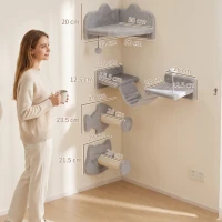 PawHut 4-Piece Cat Wall Shelves with Steps, Ladder, Jumping Platforms, Light Grey(m-3)