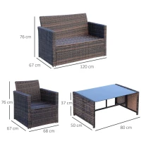 Outsunny 4 Pieces PE Rattan Garden Sofa Set with Cushions, Outdoor Patio Wicker Weave Conservatory Furniture Set with a Loveseat, 2 Armchairs and a Glass Top Coffee Table, Mixed Brown(m-13)
