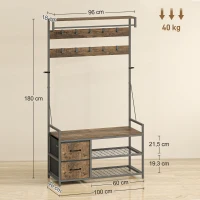 HOMCOM Móvel Cabide de Entrada com Banco 10 Ganchos 2 Gavetas e Barra para Pendurar Estilo Industrial 100x40x180 cm Castanho Rústico(m-3)