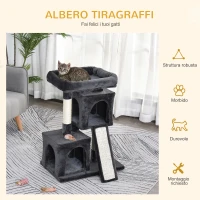 PawHut Albero Tiragraffi per Gatti con Pali in Sisal, Lettino e 2 Casette, 59x39x81cm, Grigio Scuro(m-4)