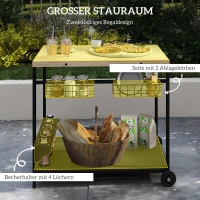 Outsunny Serveerwagen, Keukentrolley, 2 niveaus, 4 flessenhouders, Binnen/Buiten, Natuur/Zwart(m-4)