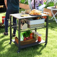 Outsunny Outdoor-Kücheninsel, Grillwagen mit Aufbewahrungsregal, Griff, 4 Rollen, Küchenwagen, Terrasse, Garten, Metall, Schwarz(m-10)