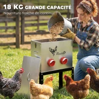 PawHut Mangeoire Automatique à Poulet 27L, 6 Ports, Hauteur Reglable, Couvercle Verrouillable, 42x25x55cm, Acier, Argent(m-4)