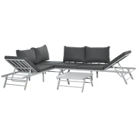 Outsunny 3 Pieces Garden Furniture Sets, 6 Seater Corner Sofa Set with Adjustable Backrest Chase Lounge with Slatted Metal Top Table, Padded Cushion, Grey(m-1)