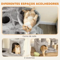 PawHut Arranhador para Gatos Grande com 7 Postes 1 Túnel 3 Plataformas 2 Cavernas 1 Rede 1 Poleiro 1 Rampa Pompons 60x40x170 cm Cinzento(m-7)
