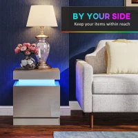 HOMCOM Grey Bedside Table with LED Light, High Gloss Front Nightstand with 2 Drawers, for Living Room, Bedroom(m-5)