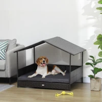 PawHut Casetta per Cani Rialzata con Cuscino Sfoderabile, in Rattan PE e Acciaio, 117x85x89 cm, Grigio e Marrone(m-9)