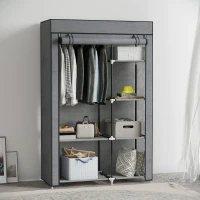 HOMCOM Stoffen Kast, Opbergoplossing, 6 Planken, 1 Kledingstang, Donkergrijs(m-2)
