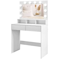 HOMCOM Kaptafel met verlichte spiegel, Laden, 3 Lichtopties, 10 Gloeilampen, Moderne Kaptafel in Wit(m-10)
