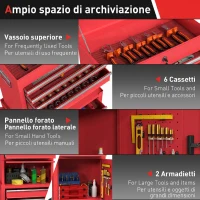 HOMCOM Carrello Porta Attrezzi in Acciaio con Serratura, 6 Cassetti, 2 Armadi, Pannello Forato, Ruote e Maniglia, Rosso(m-4)