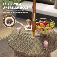 Outsunny Wicker Garden Rattan Table, Patio Furniture Outdoor Coffee Table with Umbrella Hole and Tempered Glass Top, Brown(m-5)