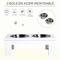PawHut Gamelles chiens surélevées gamelle double chien chat Porte-gamelles surélevé dim. 44L x 24l x 15H cm 2 gamelles 0,9L acier inox. incluses bois blanc(m-5)