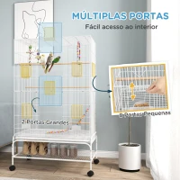 PawHut Gaiola para Pássaros com Rodas com 4 Comedouros 3 Poleiros Brinquedos Bandeja Amovível e Prateleira 79x49x133 cm Branco(m-4)