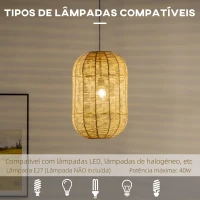 HOMCOM Candeeiro Suspenso de Corda de Papel Candeeiro de Teto com Corda Ajustável Ø30x47cm Natural e Preto(m-6)