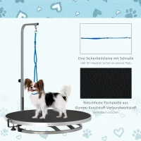PawHut hondentrimtafel dierenverzorgingstafel draaibare droogtafel met verstelbare arm antislip tafelblad vergrendelingssysteem aluminiumlegering rand roestvrij stalen frame veiligheidslijn Ø65x 10 h(m-5)