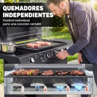 Outsunny Barbacoa de Gas con 4+1 Quemadores 14,4 KW Mesas Laterales Armario de Almacenaje Termómetro y 2 Ruedas Acero Inoxidable BBQ 125x51x100 cm Negro(m-5)